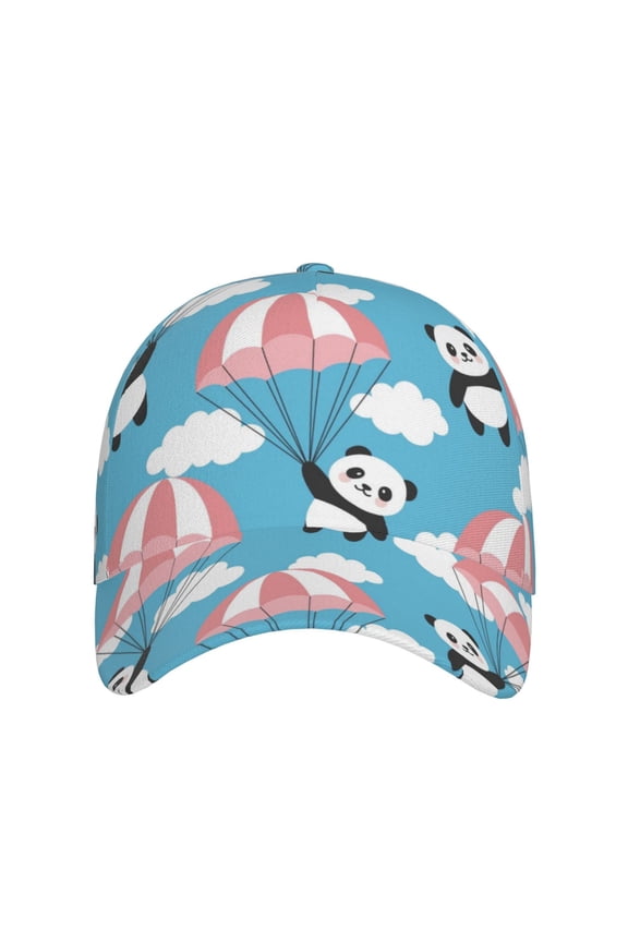 Panda Flying in the Sky for Baseball Cap: Unisex, crafted from classic polyester twill fabric, featuring a soft unconstructed design