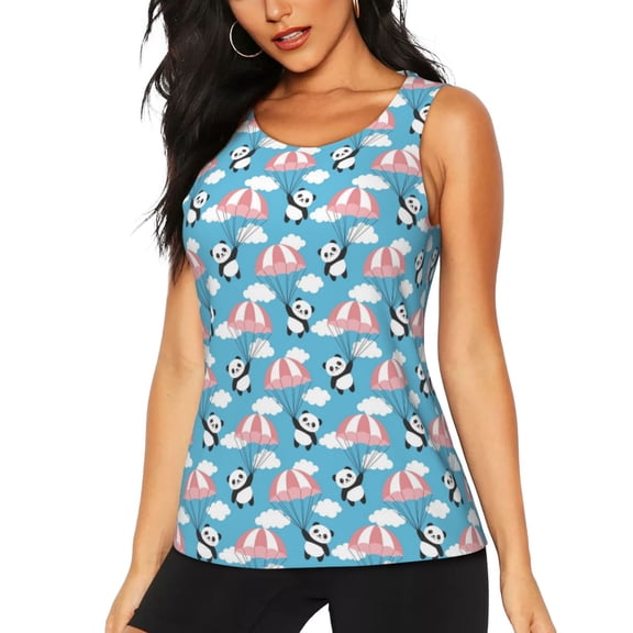 Xecao Panda Flying in the Sky print women's scoop neck, loose-fit workout tank tops for the gym.