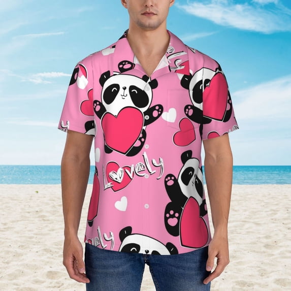 Xecao Panda Heart Valentine Pink print Hawaiian shirt - a stylish short-sleeve button-down for men, perfect for casual beach and tropical outings.