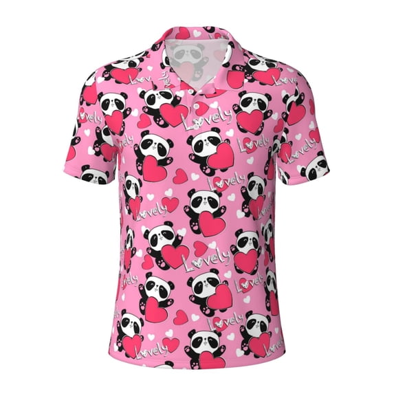Xecao Panda Heart Valentine for Mens' Casual Short Sleeve Button-Down Polo Shirts for a Classic Golf Look