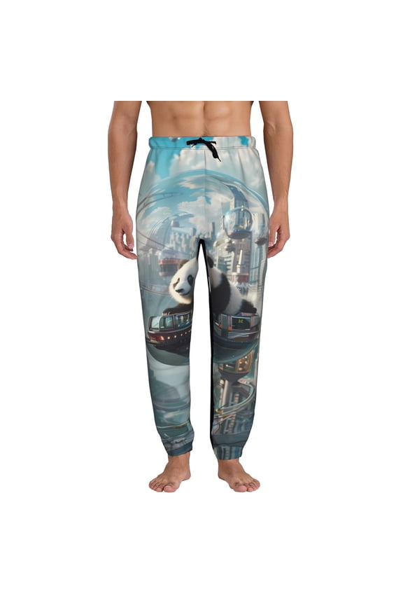 Panda In Futuristic City Print Active Tech Joggers for Men, Mens Sweatpants Lounge Pants with Pockets-Small