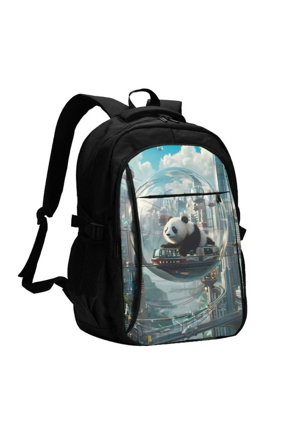 Panda In Futuristic City for Travel Laptop Backpack, USB-Charging-Enabled, Spacious Business Backpack for Men and Women,College School Computer Bag