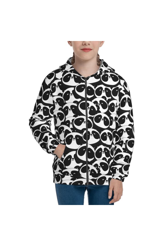 Panda1 Pattern Zip Up Hoodies for Boys Girls, Sweatshirt with Pockets-Small