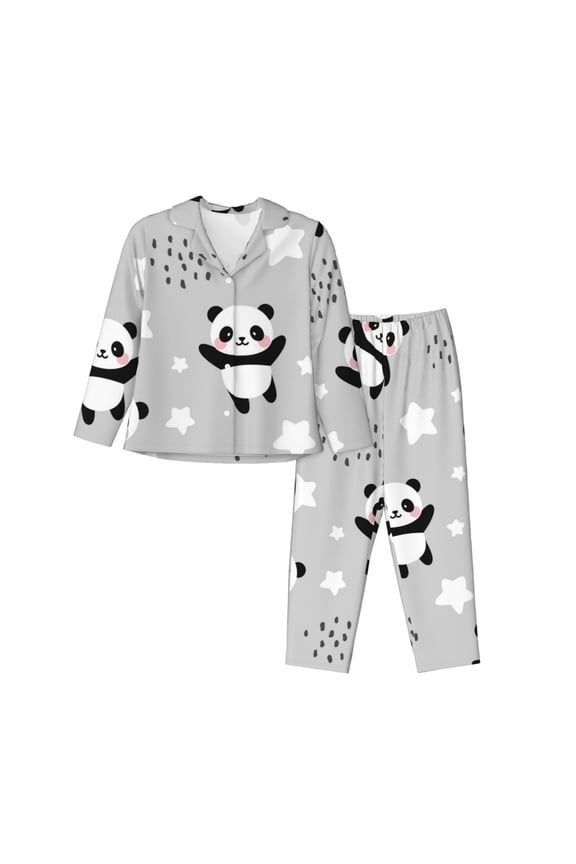 Pandas Print Women Pajamas Set Soft Sleepwear Pjs long Sleeve Button Down Nightwear with Long Pants