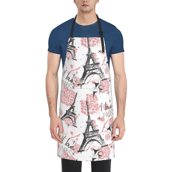 Xecao Paris Print Kitchen Cooking Aprons, Waterproof Adjustable Bib Aprons with 2 Pockets for Women Men Chef