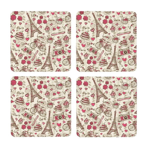 Xecao Paris Vintage for MDF Cork Coaster 4 Pcs,Drink Coasters,Suit for House Warming Gifts New Home ,Coffee Table Decor-Square