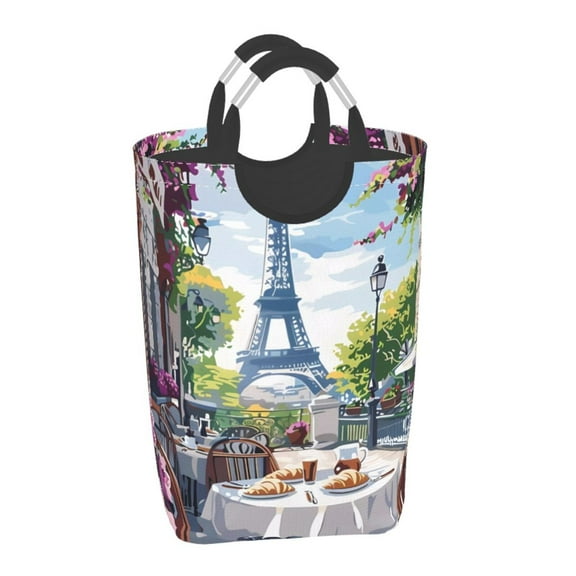 Xecao Parisian Cafe With Eiffel for Laundry Basket,Collapsible Large Laundry Hamper,Wash Bag for Laundry Room, Rolling Laundry Basket with Handles