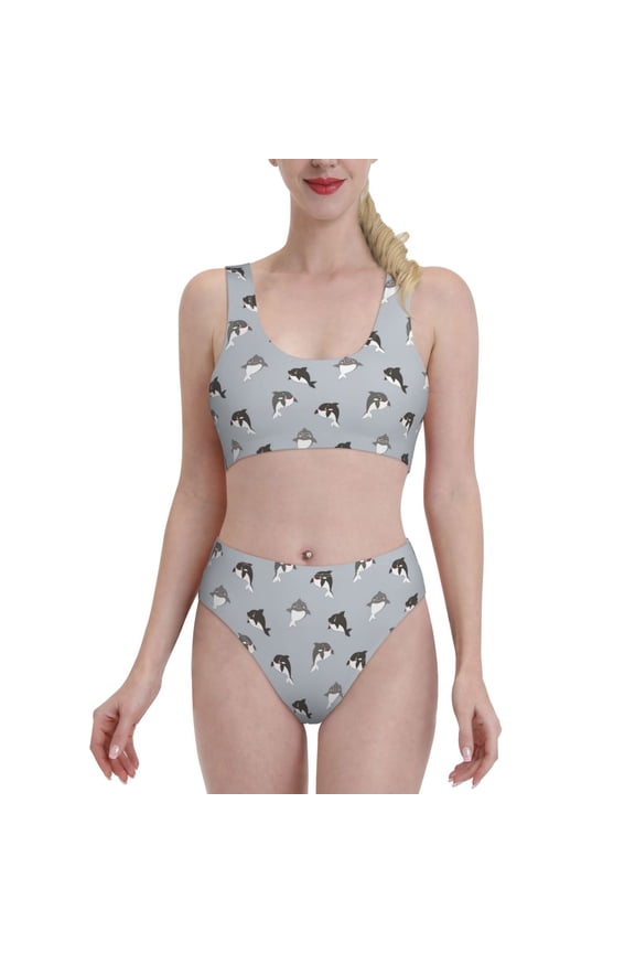 Party Shark Cute for Two-Piece Swimsuit for Women - a sporty, high-waisted bathing suit perfect for the beach, parties, or surfing adventures