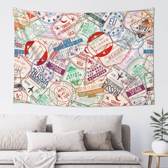 Xecao Passport Stamp Print Tapestry, Wall Hanging Room Funny Decor, Backdrop Room Decor for Bedroom Living Room dormitory