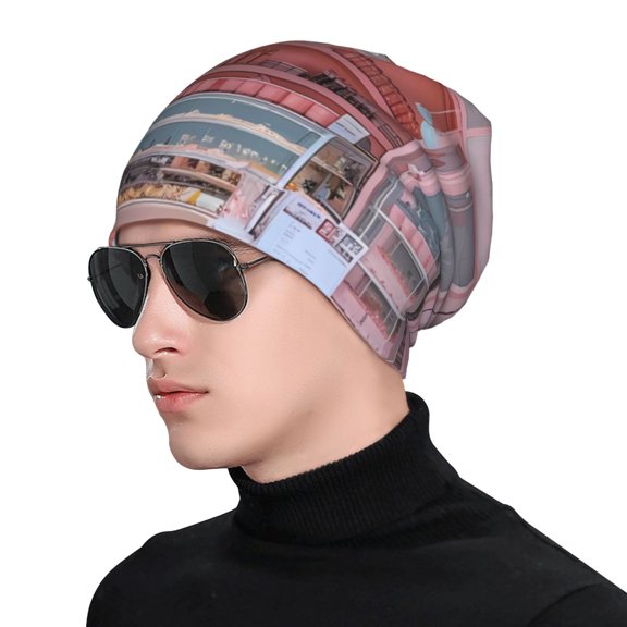 Xecao Pastel Pink Beach Cafe Print Beanie Knitted Hat for Men Women, Winter Fashion Knit Cuffed Caps Unisex
