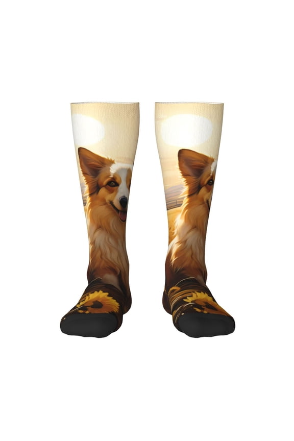 Pastoral Sunflower Corgi print thigh-high socks, crafted for both men and women with a stretchy, high-opaque design perfect for daily wear