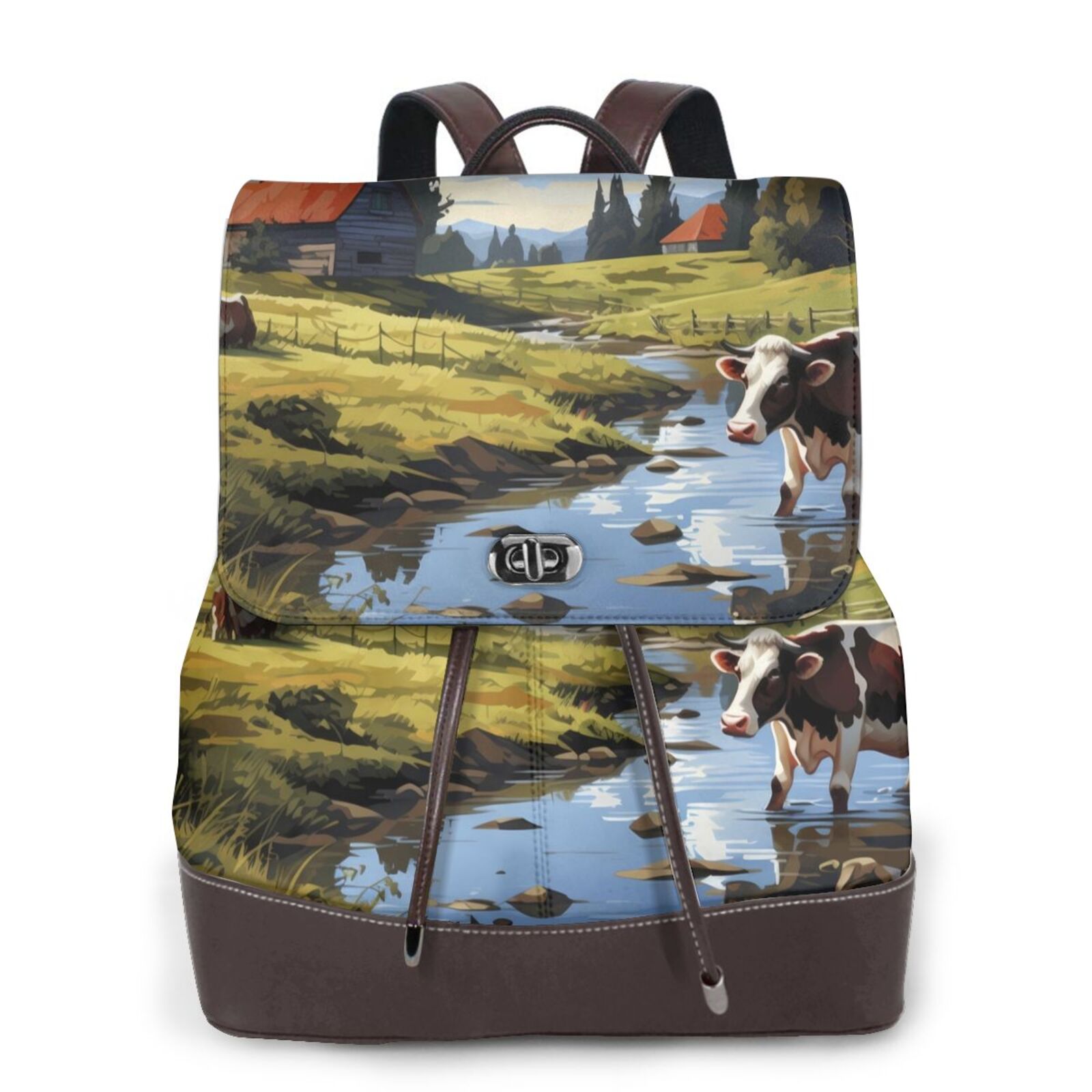 Xecao Pasture Cow A Print Large Backpack Soft Leather for Women Travel with Compartment, Adjustable Convertible Strap
