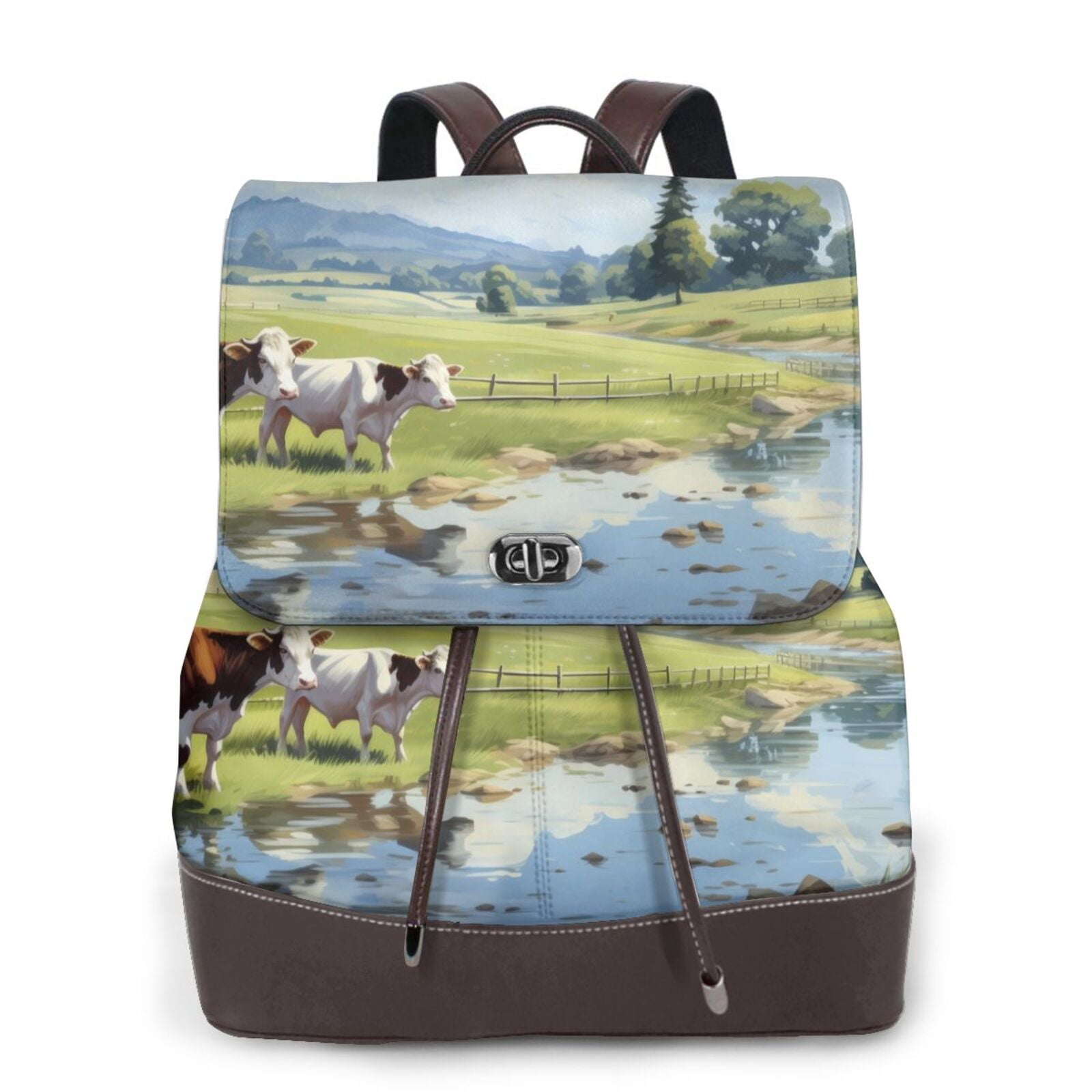 Xecao Pasture Cow Print Large Backpack Soft Leather for Women Travel with Compartment, Adjustable Convertible Strap