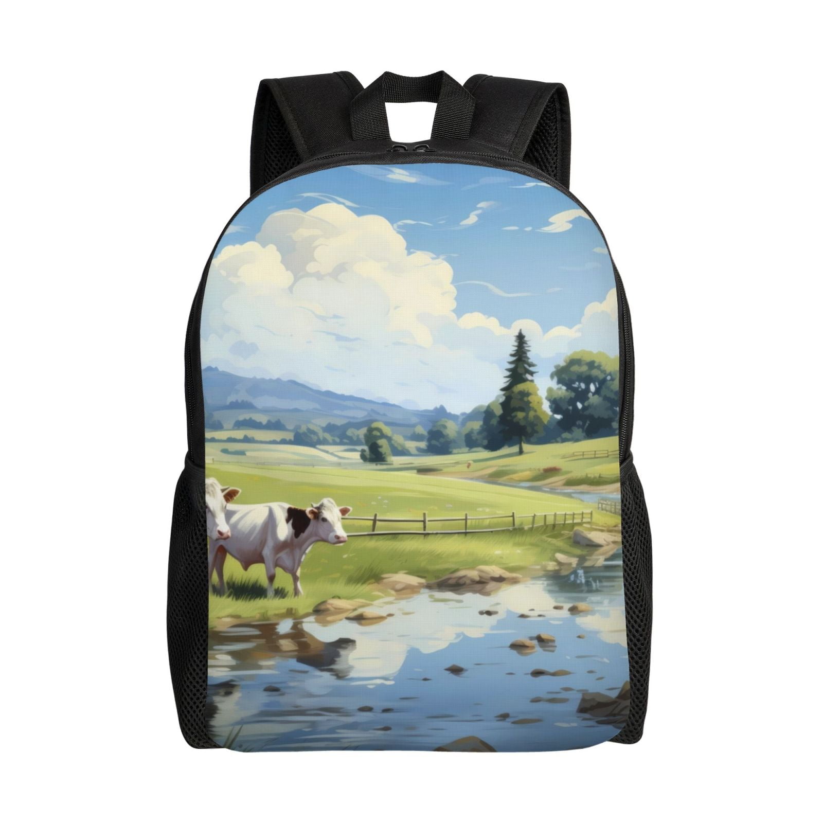 Xecao Pasture Cow Print School Backpack with Laptop Compartment Small Travel Laptop Backpack for Women Men Waterproof College Backpack Simple School Bag