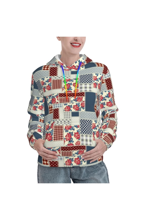Patchwork In Country Style Pattern Hoodies for Women Sweatshirts Long Sleeve Sweatshirts Pullover Outfits with Pocket-Small