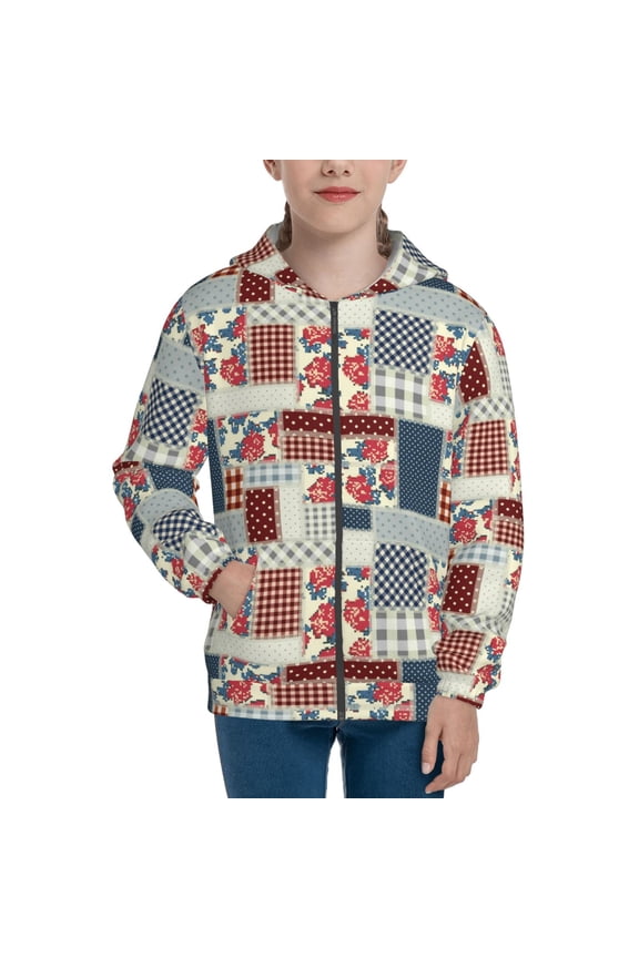 Patchwork In Country Style Pattern Zip Up Hoodies for Boys Girls, Sweatshirt with Pockets-
