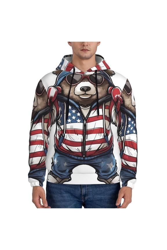 Patriotic Boxing Bear Art Pattern Men's Adult Pullover Hoodie,Hooded Sweatshirt-Medium