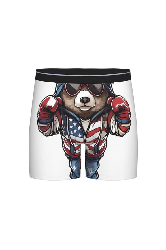 Patriotic Boxing Bear Art Print Boxer Briefs for Men's Stretch Moisture-Wicking Underwear, Mid-Rise Classics breathable fabric