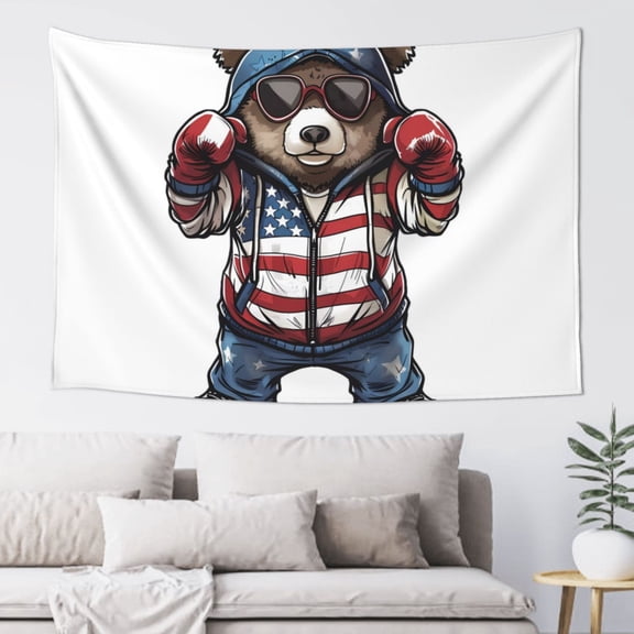 Xecao Patriotic Boxing Bear Art Print Tapestry, Wall Hanging Room Funny Decor, Backdrop Room Decor for Bedroom Living Room dormitory