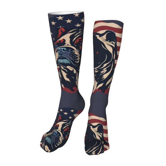Xecao Patriotic Bulldog Art Print Calf Socks Seamless Toe, Knee High Long Socks, Sports Socks Trouser Socks for Women and Men-One Size