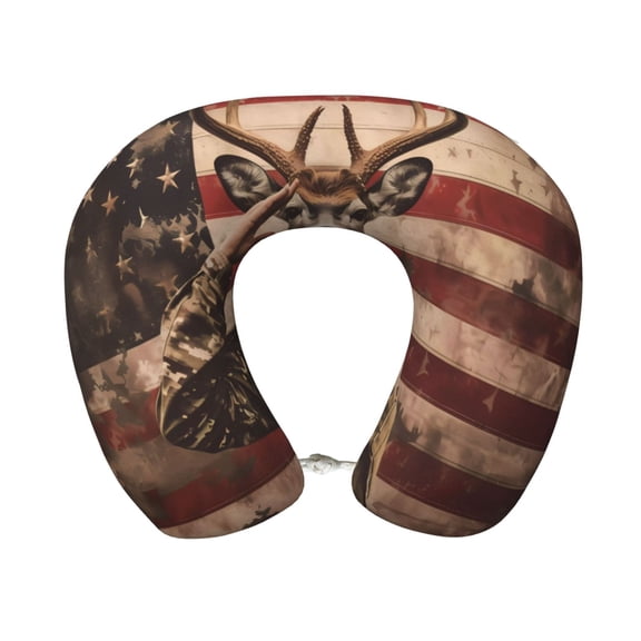 Xecao Patriotic Deer Soldier Salute Print Memory Foam Cervical Neck Pillow Versatile U-Shaped Pillows for Home,Office,Camping,Travelling,Soft Washable Cover