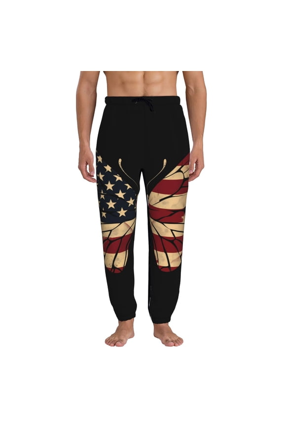 Patriotic USA Butterfly Art Print Active Tech Joggers for Men, Mens Sweatpants Lounge Pants with Pockets-Large