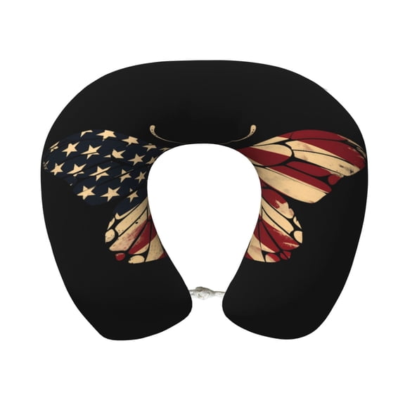 Xecao Patriotic USA Butterfly Art Print Memory Foam Cervical Neck Pillow Versatile U-Shaped Pillows for Home,Office,Camping,Travelling,Soft Washable Cover
