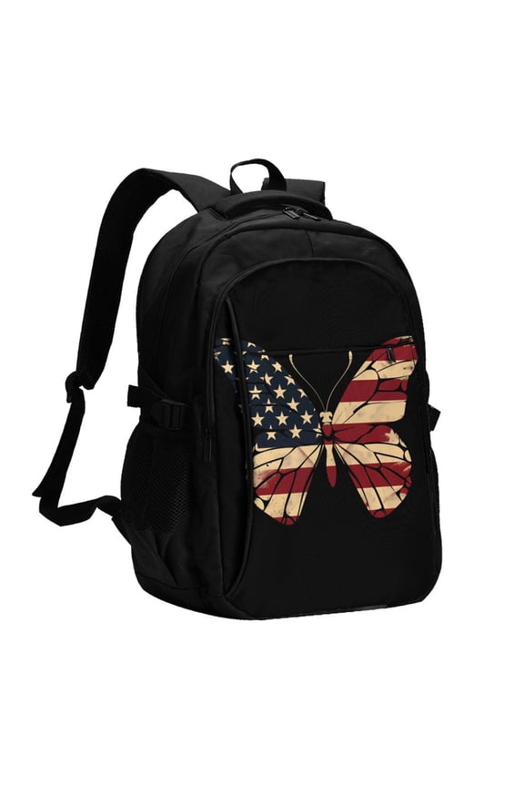 Patriotic USA Butterfly Art for Travel Laptop Backpack, USB-Charging-Enabled, Spacious Business Backpack for Men and Women,College School Computer Bag