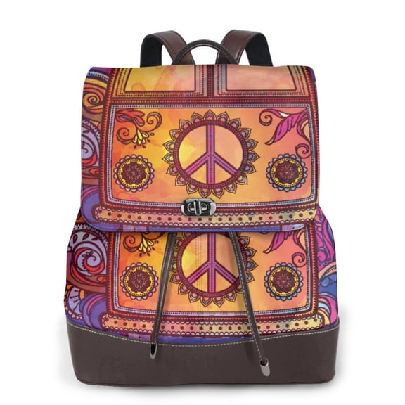 Xecao Peace And Love Print Large Backpack Soft Leather for Women Travel with Compartment, Adjustable Convertible Strap