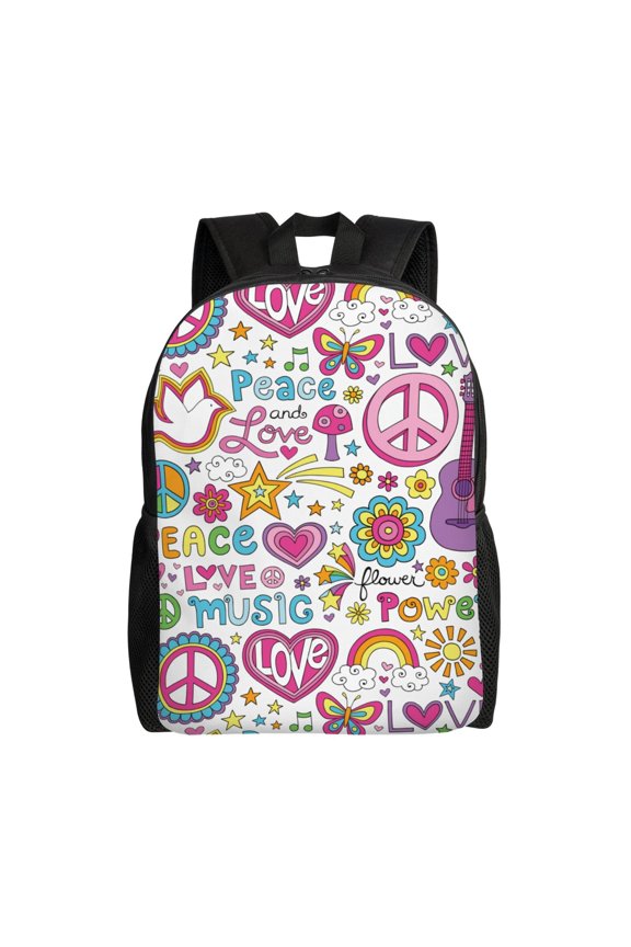 Peace Love and Dove Flower Power Print School Backpack with Laptop Compartment Small Travel Laptop Backpack for Women Men Waterproof College Backpack Simple School Bag