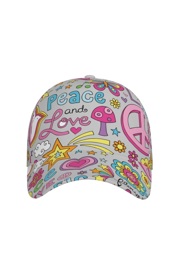 Peace Love and Dove Flower Power for Baseball Cap: Unisex, crafted from classic polyester twill fabric, featuring a soft unconstructed design