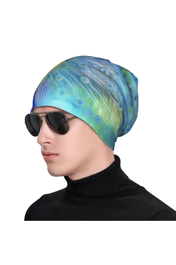 Peacock Print Beanie Knitted Hat for Men Women, Winter Fashion Knit Cuffed Caps Unisex