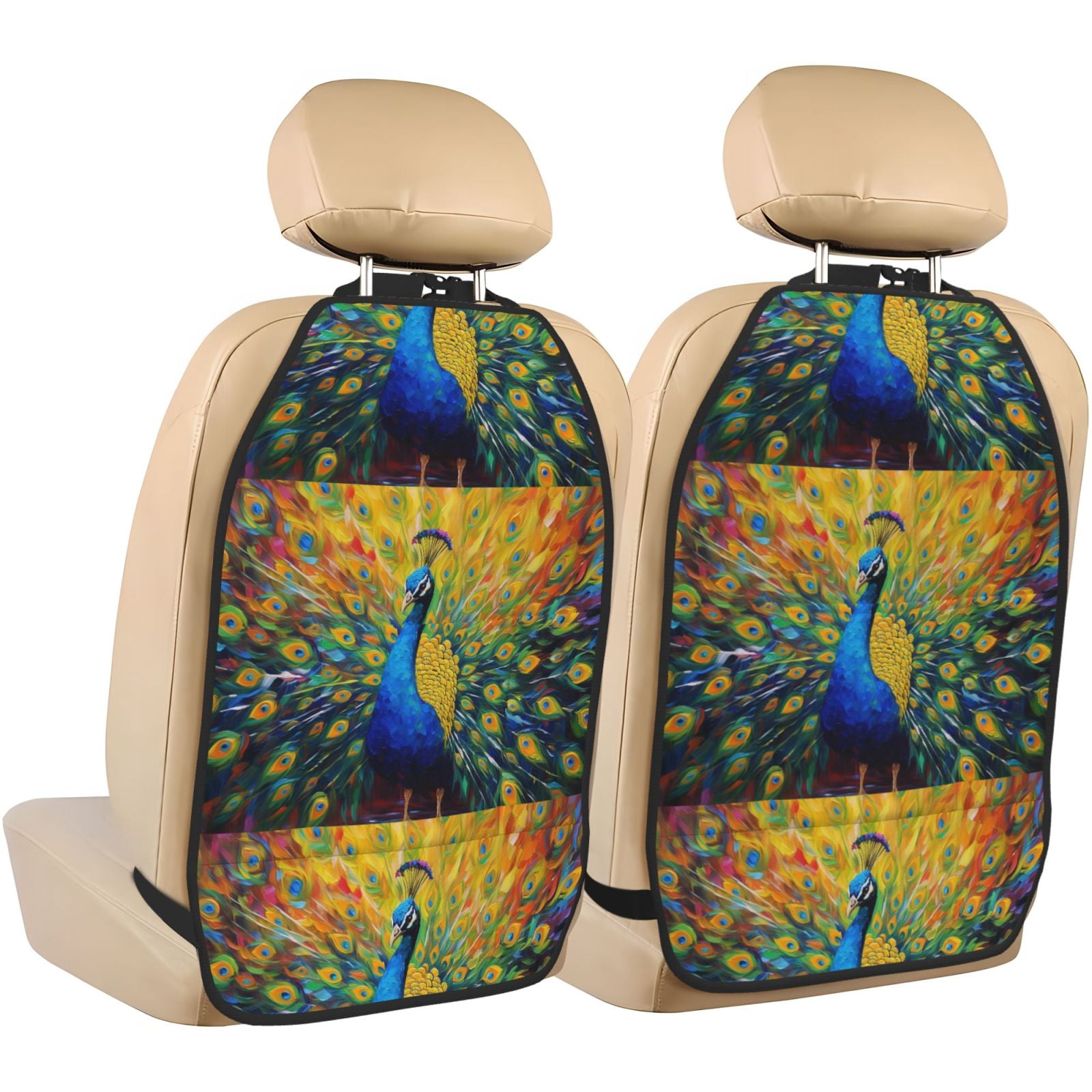 Xecao Peacocks Pattern Car Seat Back Protector 2 Pack Large Capacity Pocket, Kick Mats Back Seat Protector