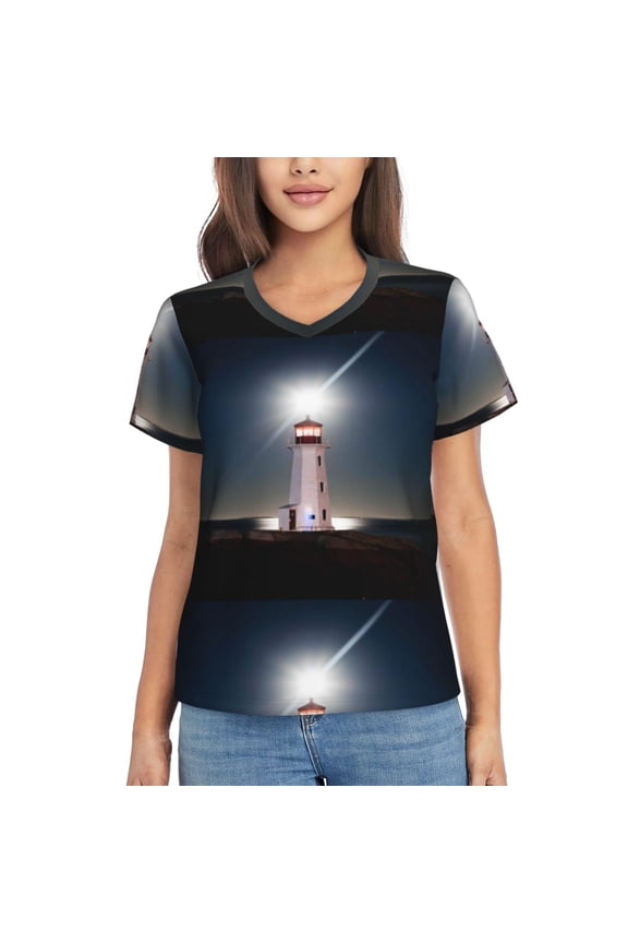 Peggy's Cove Lighthouse for Women's V-Neck T-Shirts-Elegant Half-Sleeve Tops Perfect for Summer-Small