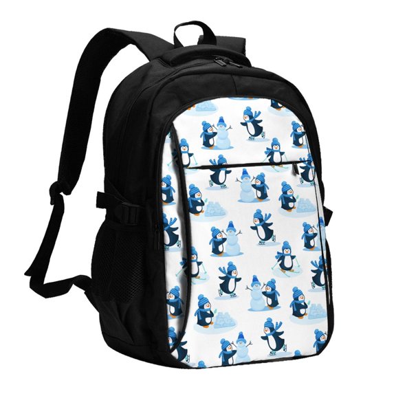 Xecao Penguin Winter Fun for Travel Laptop Backpack, USB-Charging-Enabled, Spacious Business Backpack for Men and Women,College School Computer Bag