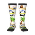 thumbnail image 1 of Xecao Penguins On The Beach print thigh-high socks, crafted for both men and women with a stretchy, high-opaque design perfect for daily wear, 1 of 6