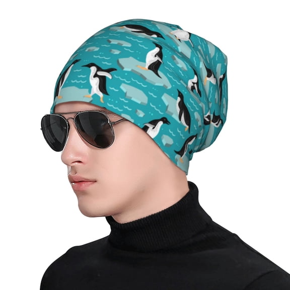 Xecao Penguins On The Ice In The Sea Print Beanie Knitted Hat for Men Women, Winter Fashion Knit Cuffed Caps Unisex