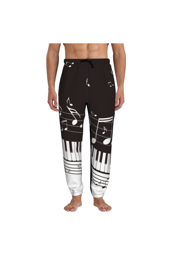 Piano Keys With Musical Notes Print Active Tech Joggers for Men, Mens Sweatpants Lounge Pants with Pockets-Large