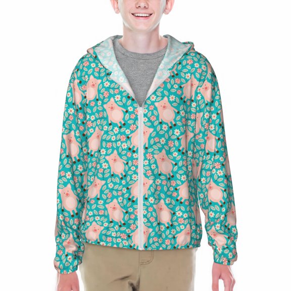 Xecao Pig And Flower Print Fishing Shirts for teenager Long Sleeve UV Sun Protection Hoodie with Zipper Outdoor Hiking Shirts-Medium