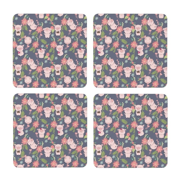 Xecao Pigs 1 for MDF Cork Coaster 4 Pcs,Drink Coasters,Suit for House Warming Gifts New Home ,Coffee Table Decor-Square