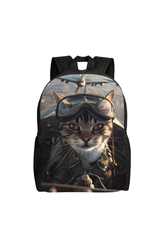 Pilot Cat In Vintage Plane Print School Backpack with Laptop Compartment Small Travel Laptop Backpack for Women Men Waterproof College Backpack Simple School Bag