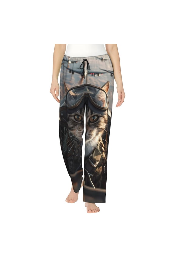 Pilot Cat In Vintage Plane Print Women's Straight Lounge Pajama Pants,The Epitome of Relaxed Sleepwear-Large