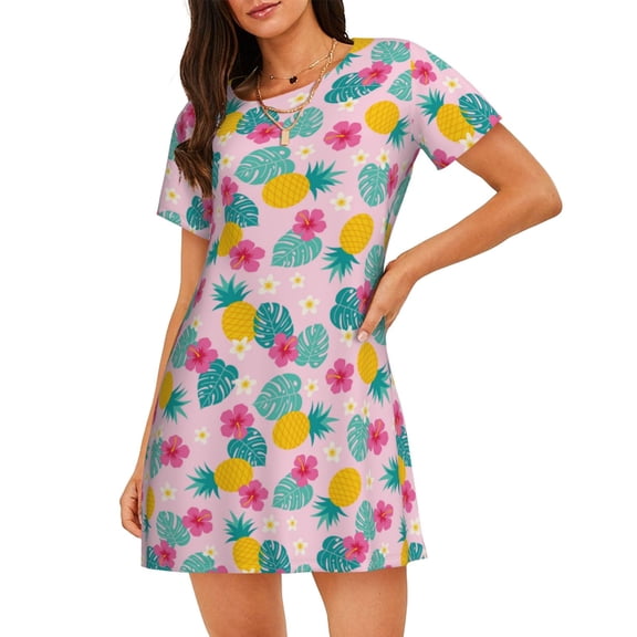Xecao Pineapple And Leaves for Women's Loose Nightgown Sleepwear Short Sleeves Shirt Casual Print Sleepdress