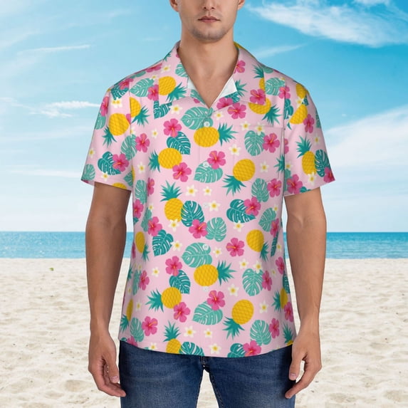 Xecao Pineapple And Leaves print Hawaiian shirt - a stylish short-sleeve button-down for men, perfect for casual beach and tropical outings.