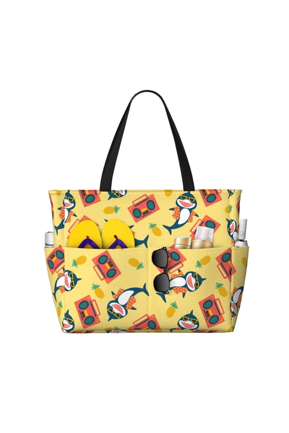 Pineapples Sharks In Hawaiian for versatile beach bag for women includes zipper pockets and waterproof material, ideal for vacations and adventures.