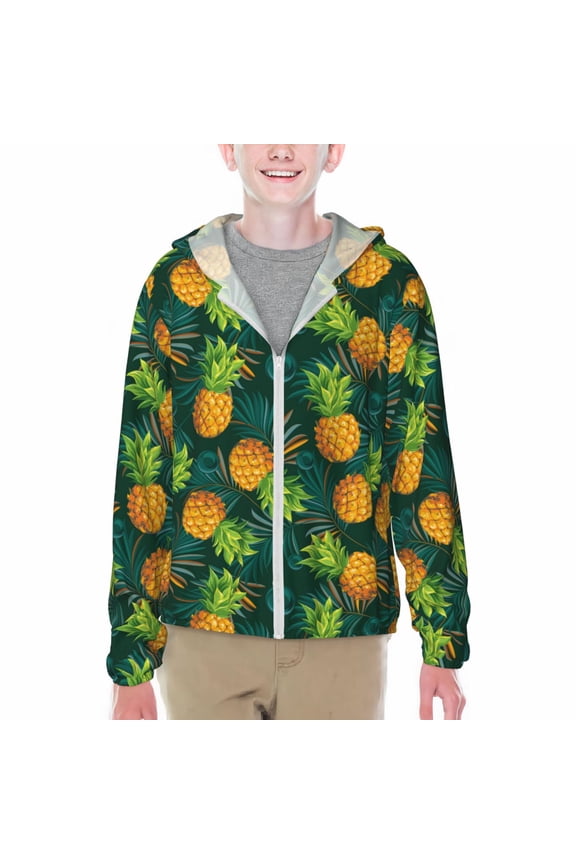 Pineapples with Palm Leaves Print Fishing Shirts for teenager Long Sleeve UV Sun Protection Hoodie with Zipper Outdoor Hiking Shirts-X-Large