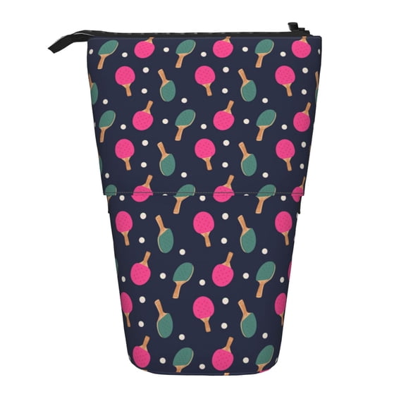 Xecao Ping Pong Rackets And Balls Print Telescopic Pencil Bag Pen Holder Pop Up Stationery Case Stand-up Retractable Transformer Bag Standing Organizer