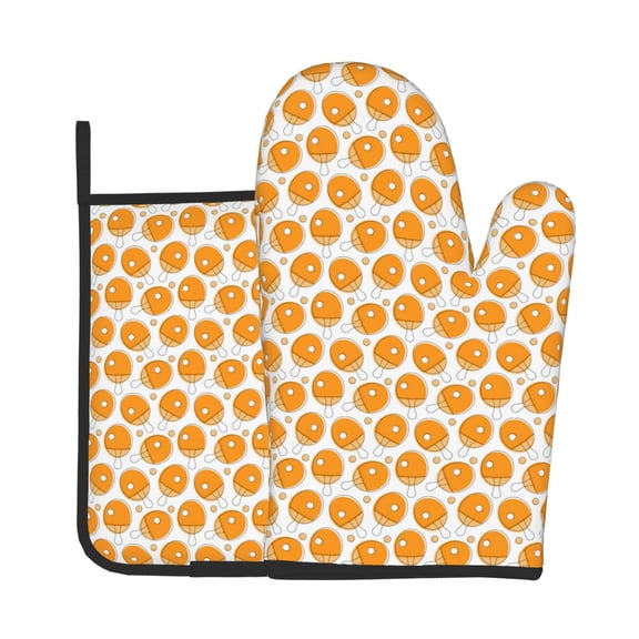 Xecao Ping-Pong Table Tennis Racket Pattern Oven Mitts and Pot Holders Sets Heat Resistant Silicone Oven Mittens Extra Thicken Long Kitchen Cotton Oven Glove for Cooking
