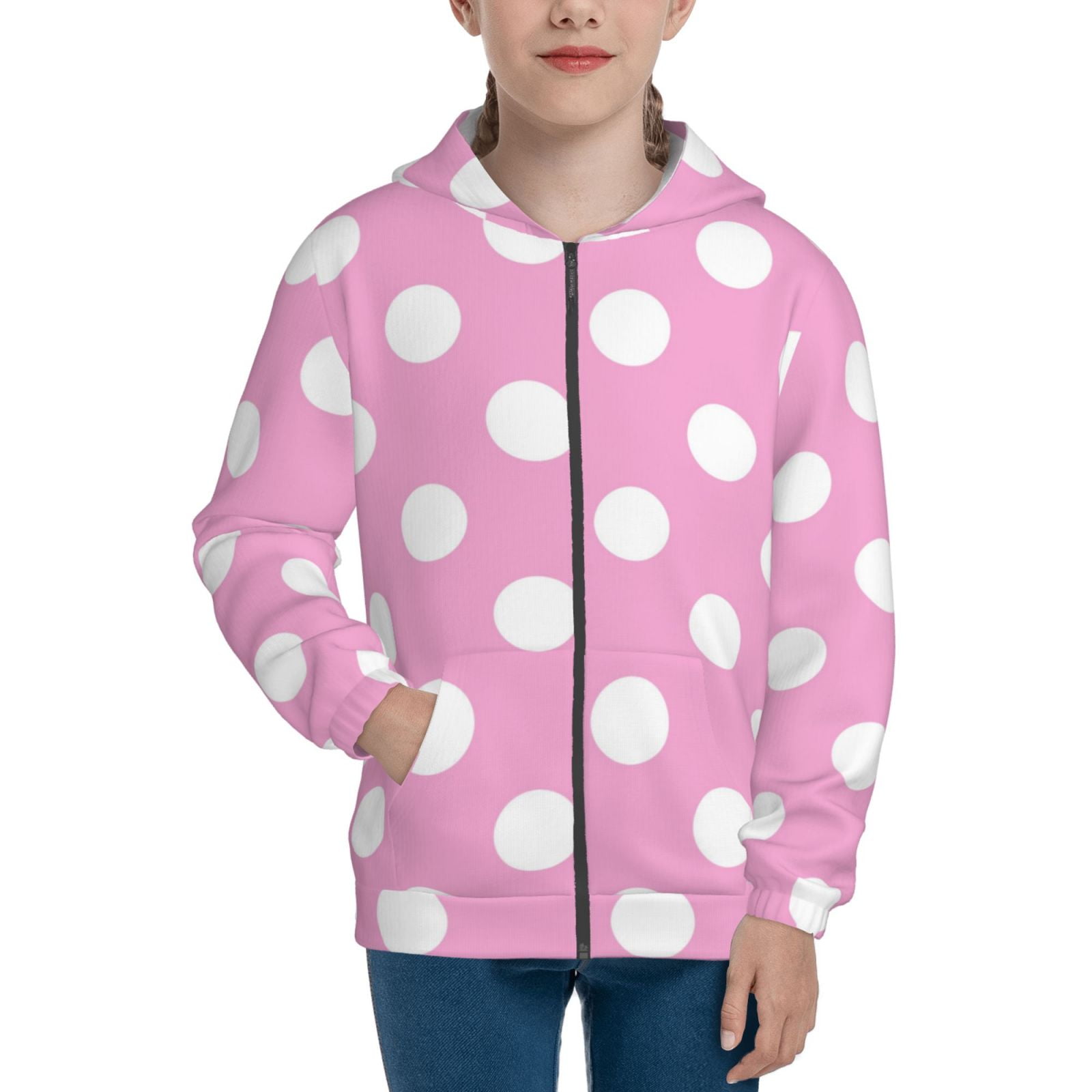 Xecao Pink And White Polka Dot Pattern Zip Up Hoodies for