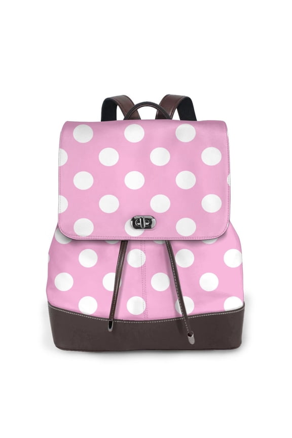 Pink And White Polka Dot Print Large Backpack Soft Leather for Women Travel with Compartment, Adjustable Convertible Strap